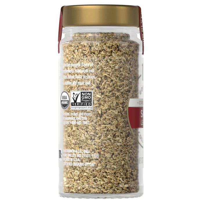 A glass jar of McCormick Gourmet Organic Sage Leaves.