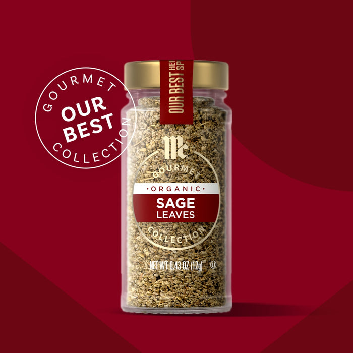 A jar of McCormick Gourmet Sage Leaves is featured as part of the Our Best collection.