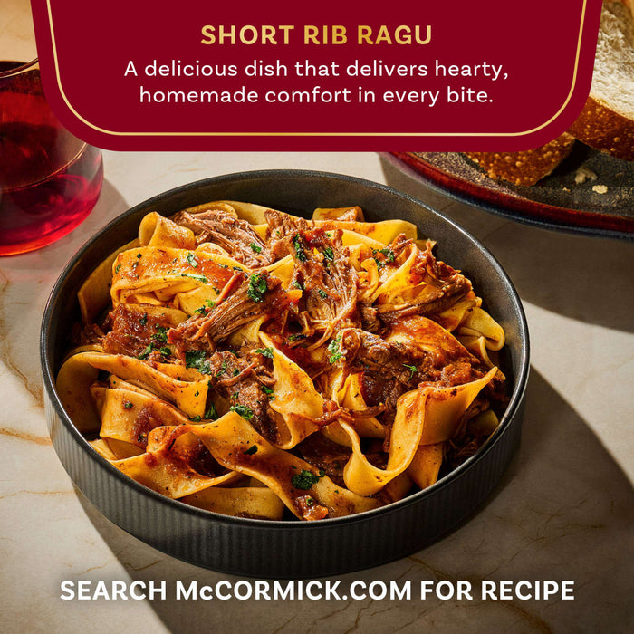 A bowl of McCormick's Short Rib Ragu, a delicious dish that delivers hearty, homemade comfort in every bite.