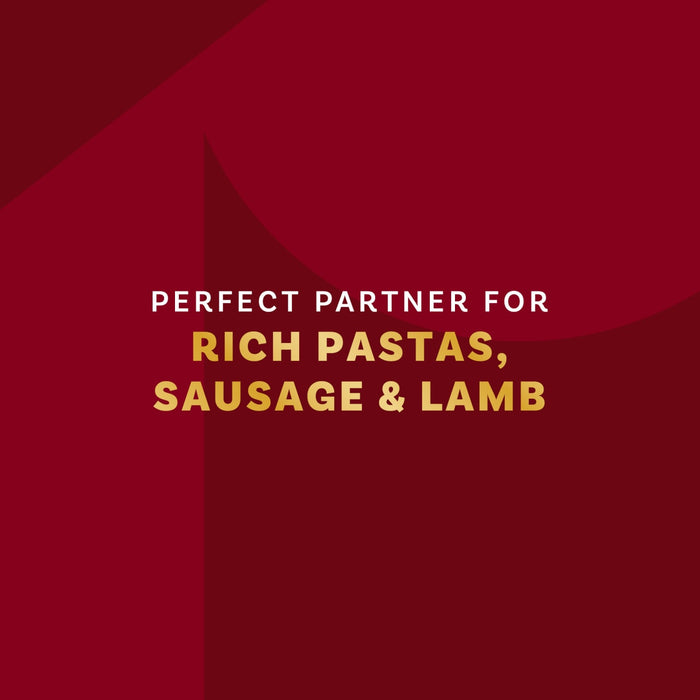 This image promotes the wine as a perfect partner for rich pastas, sausage, and lamb.