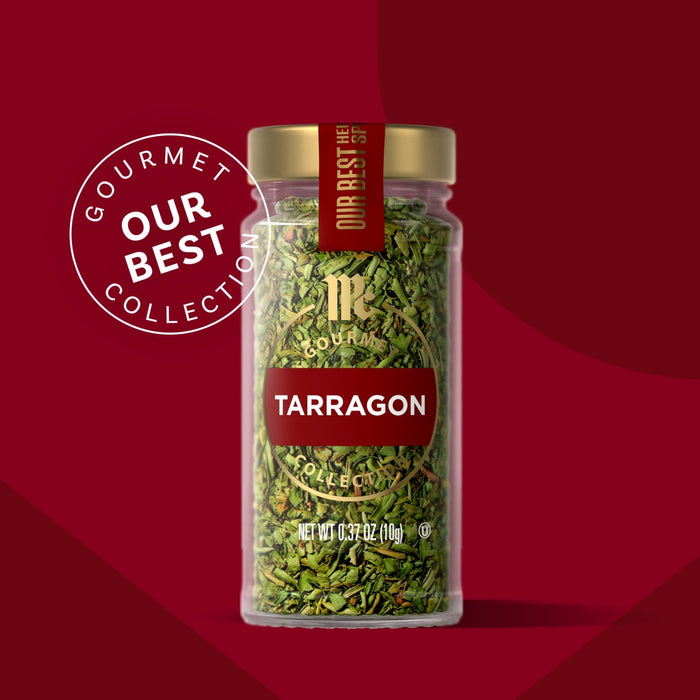 A jar of McCormick Gourmet Tarragon, part of their Our Best Collection.