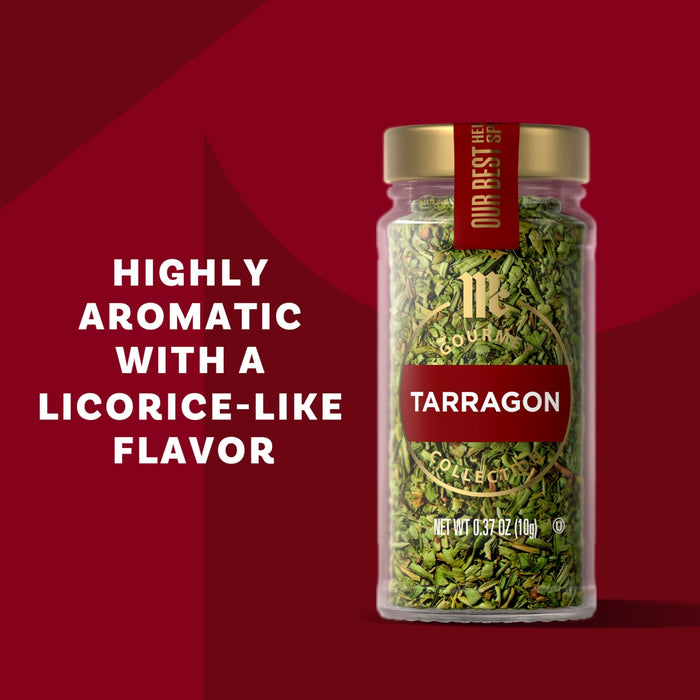 A jar of McCormick Tarragon is displayed, highlighting its highly aromatic and licorice-like flavor.