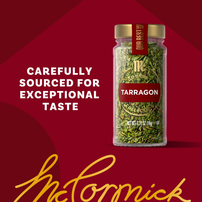 A jar of McCormick Tarragon is displayed, emphasizing its carefully sourced and exceptional taste.