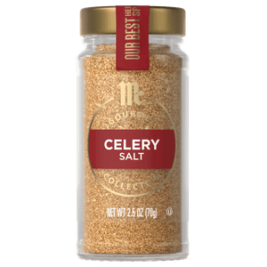A jar of McCormick Celery Salt is displayed, showcasing the products branding and contents.