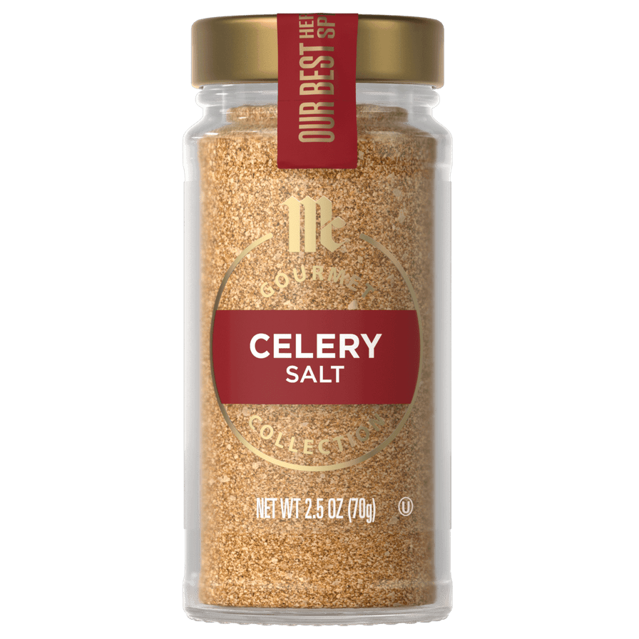 A jar of McCormick Celery Salt is displayed, showcasing the products branding and contents.
