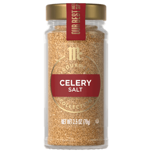 A jar of McCormick Celery Salt is displayed, showcasing the products branding and contents.