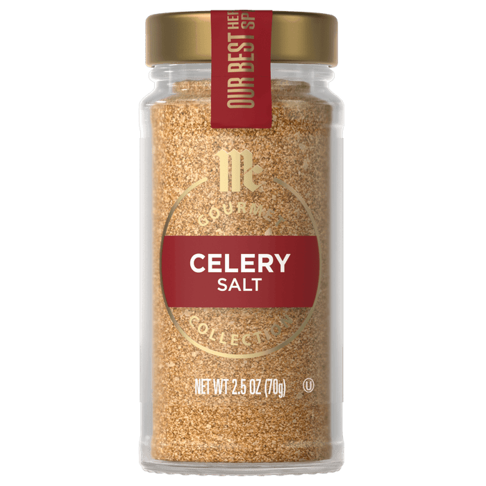 A jar of McCormick Celery Salt is displayed, showcasing the products branding and contents.