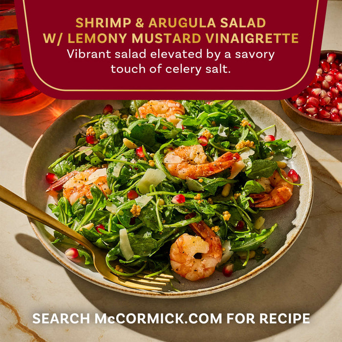 A vibrant Shrimp and Arugula Salad with Lemony Mustard Vinaigrette, elevated by a savory touch of celery salt, as promoted by McCormick.