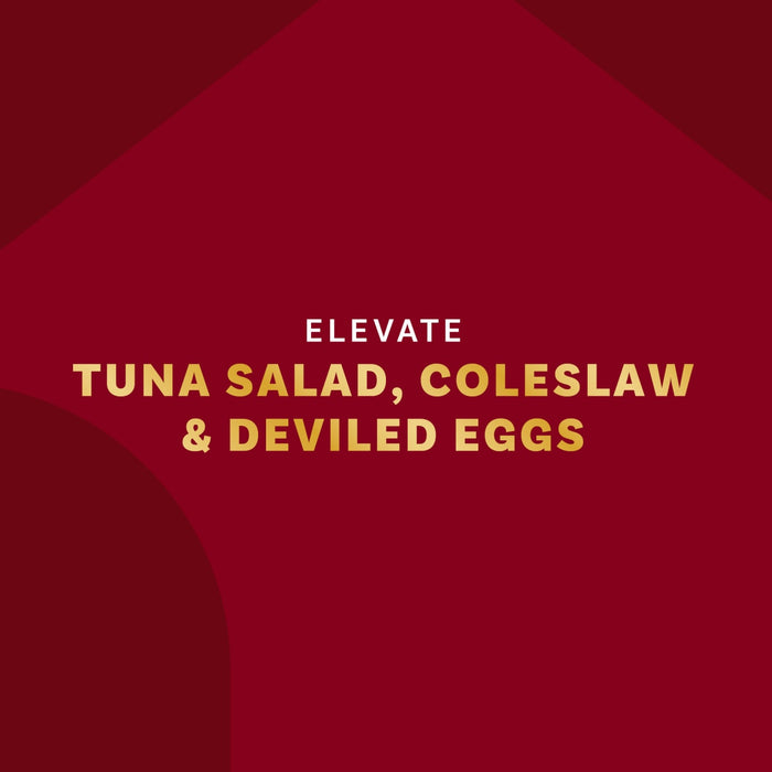 A promotional image with the text Elevate Tuna Salad, Coleslaw &amp; Deviled Eggs on a red background.