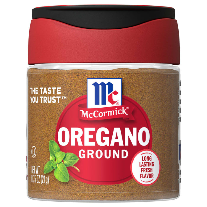 A jar of McCormick Oregano Ground spice.