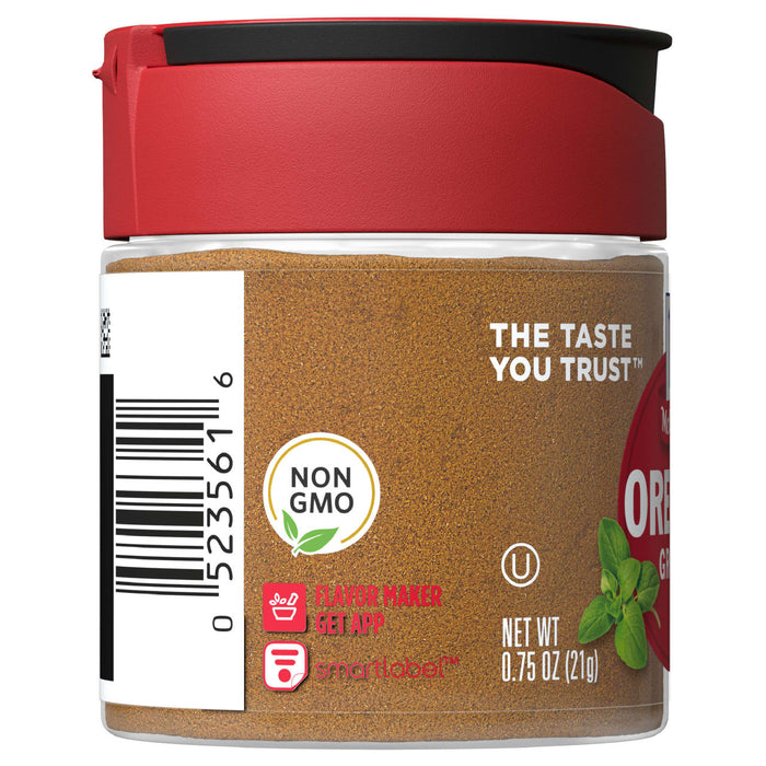 A glass jar of McCormick's Organic Ground Oregano.