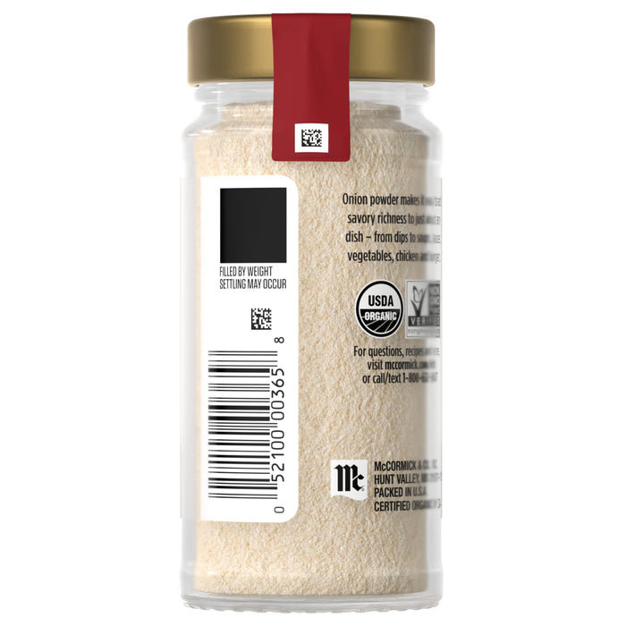 A jar of McCormick Organic Garlic Powder is shown, highlighting its organic certification and barcode.