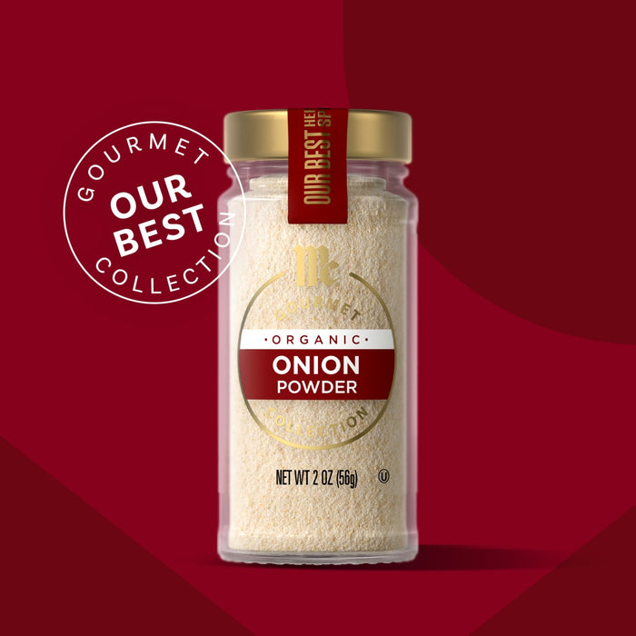 A jar of Morton &amp; Bassett Gourmet Onion Powder is displayed against a red background, marked as part of their Our Best Collection.