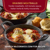 McCormick's braised meatballs with rich tomato sauce, Italian herbs, and melted mozzarella, served in small cast iron skillets.