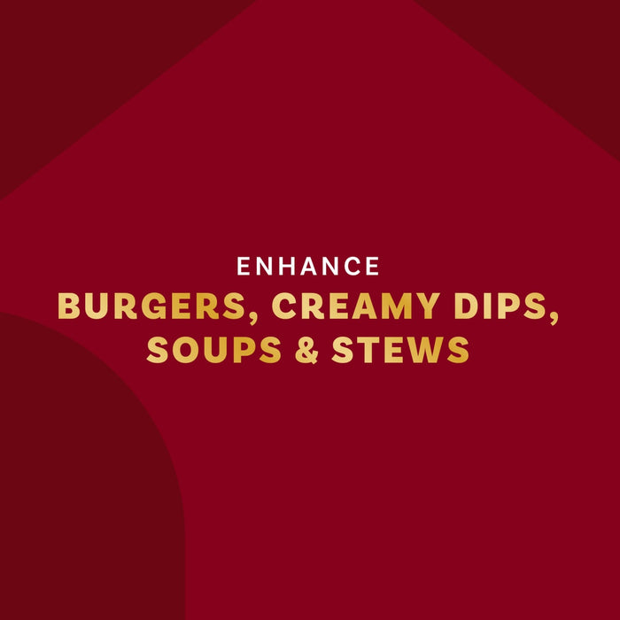 The image promotes enhancing burgers, creamy dips, soups, and stews.