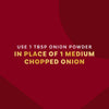 The image suggests using 1 tbsp of onion powder in place of 1 medium chopped onion.