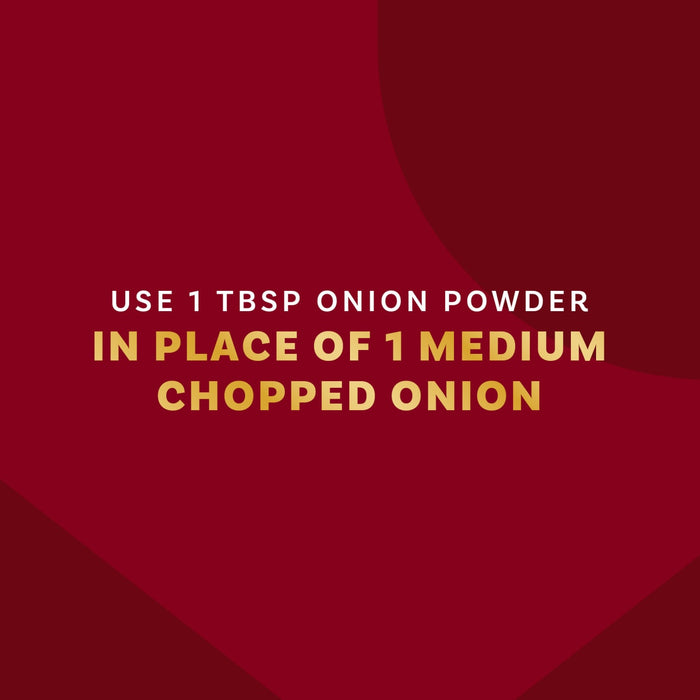 The image suggests using 1 tbsp of onion powder in place of 1 medium chopped onion.