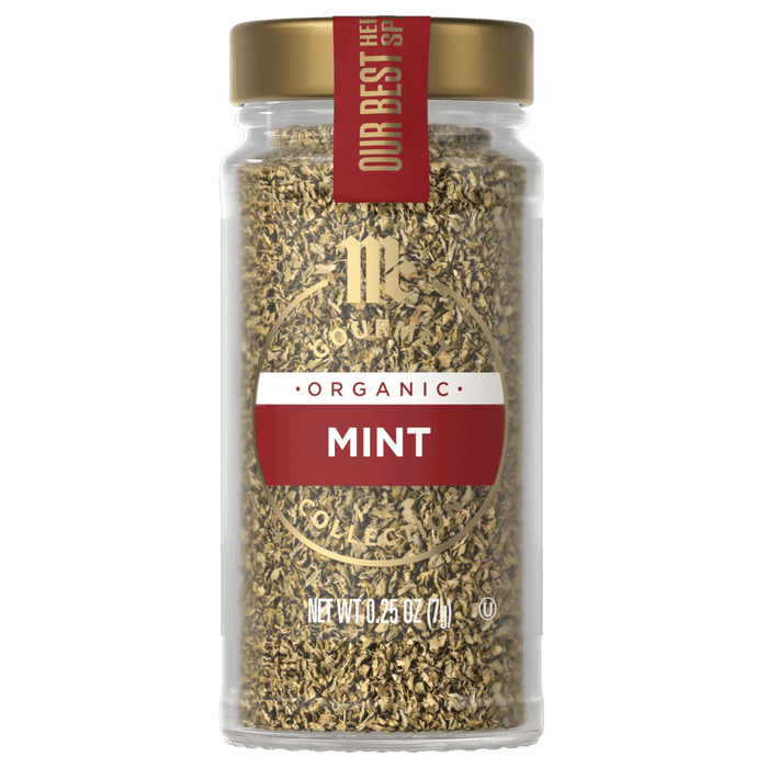 A jar of McCormick Organic Mint.