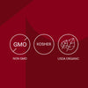The image displays three certification icons: Non-GMO, Kosher, and USDA Organic.