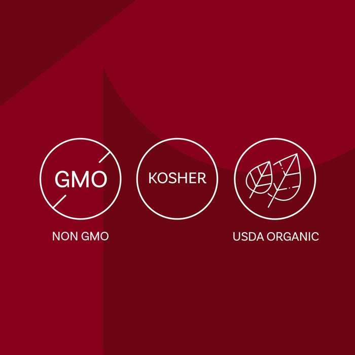 The image displays three certification icons: Non-GMO, Kosher, and USDA Organic.