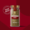 A jar of Gourmet Our Best Collection mint spice is displayed against a red background.