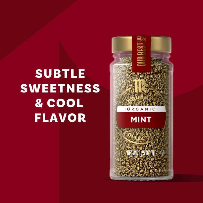 A jar of The Spice Hunter Organic Mint is displayed with the text Subtle Sweetness &amp; Cool Flavor.