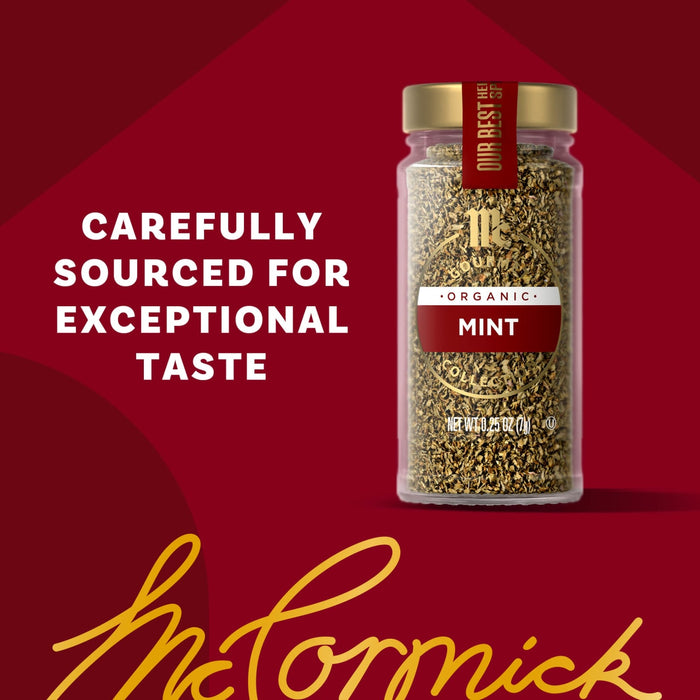 A McCormick Gourmet Mint spice jar is displayed with the text Carefully Sourced for Exceptional Taste.