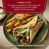 This is an image of a McCormick Lamb Gyro recipe, featuring lamb gyro wrapped in warm pita with cool yogurt sauce.
