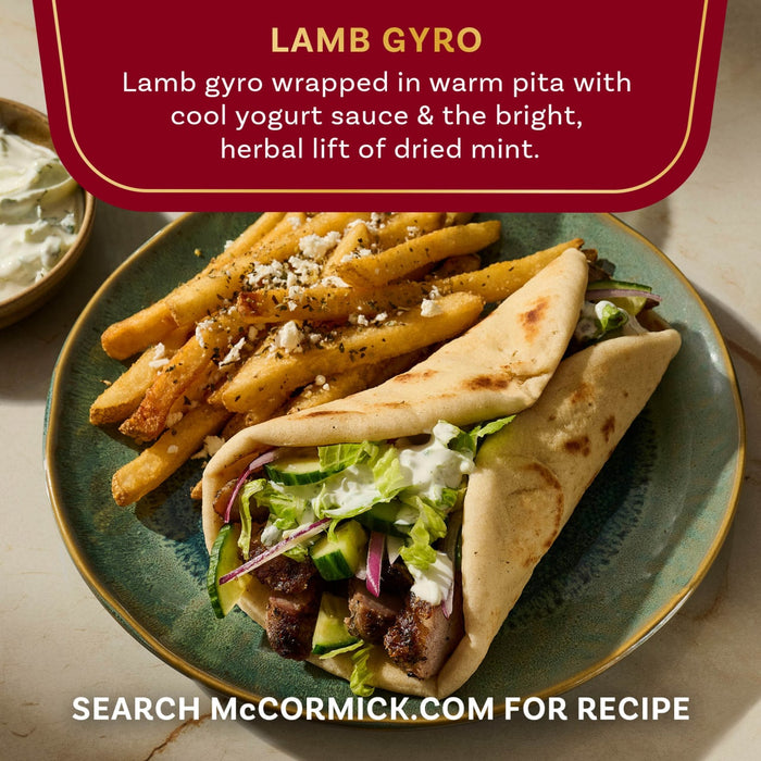 This is an image of a McCormick Lamb Gyro recipe, featuring lamb gyro wrapped in warm pita with cool yogurt sauce.