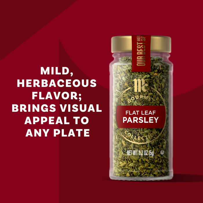 A jar of The Spice Hunter Flat Leaf Parsley is shown, highlighting its mild, herbaceous flavor and visual appeal.