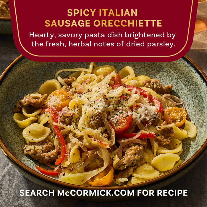 This is a photo of McCormick's Spicy Italian Sausage Orecchiette dish, a hearty and savory pasta dish brightened by fresh, herbal notes of dried parsley.