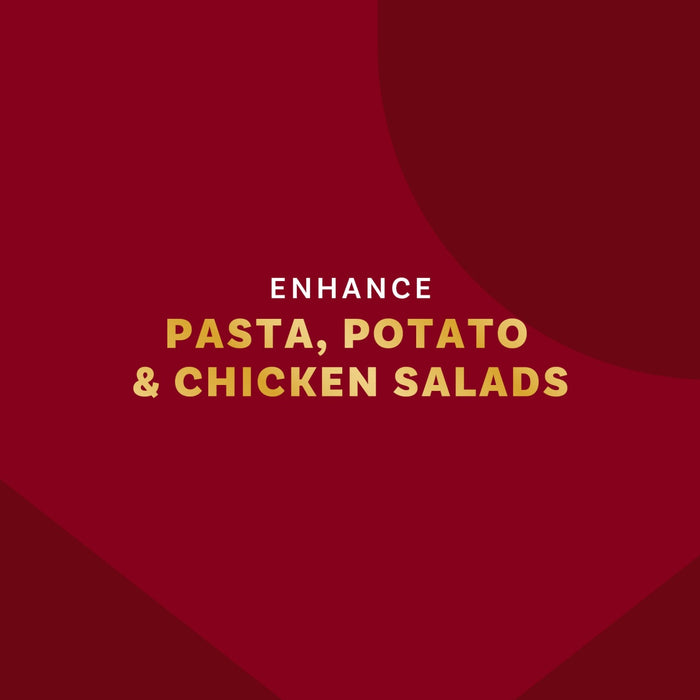 A graphic with the text Enhance Pasta, Potato &amp; Chicken Salads on a maroon background.