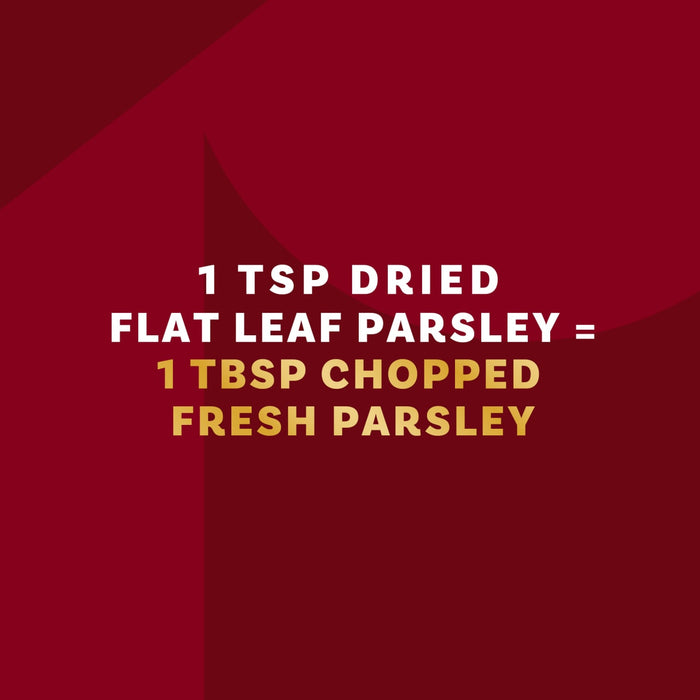 The image shows the conversion ratio of dried flat leaf parsley to chopped fresh parsley, stating that 1 teaspoon of dried parsley equals 1 tablespoon of fresh parsley.