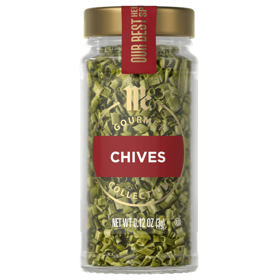 A jar of McCormick Chives, a dried herb used for flavoring dishes.