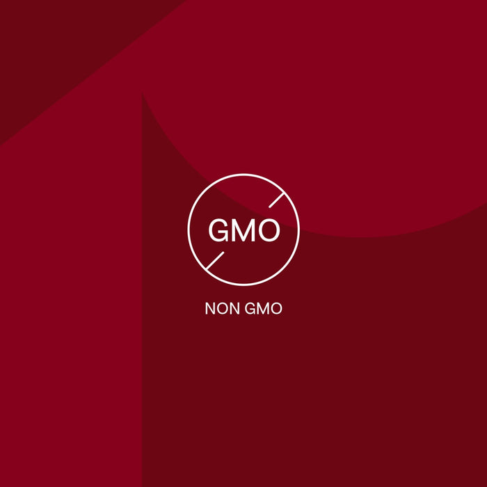 A non-GMO logo on a red background indicates the product does not contain genetically modified organisms.