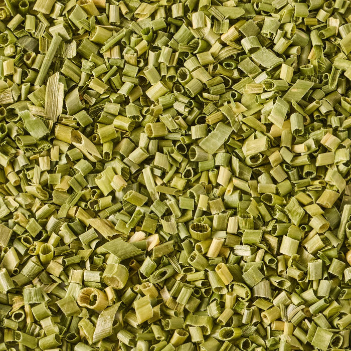 A close-up view of dried, chopped chives.