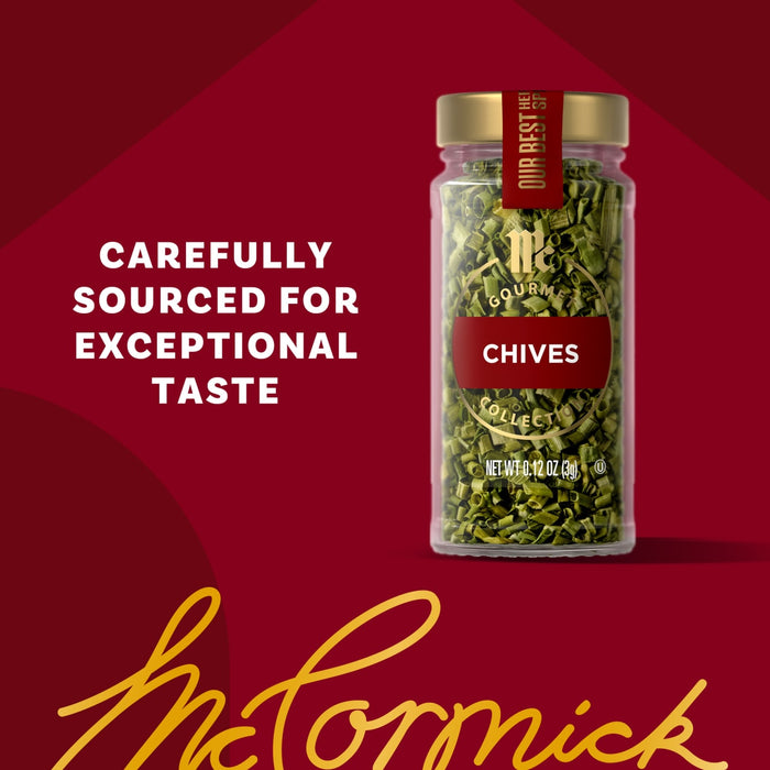 A jar of McCormick chives is displayed with the text Carefully sourced for exceptional taste.