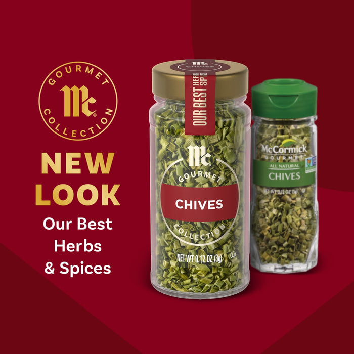 McCormick Gourmet Collection presents its new look for their best herbs and spices, featuring a jar of chives.