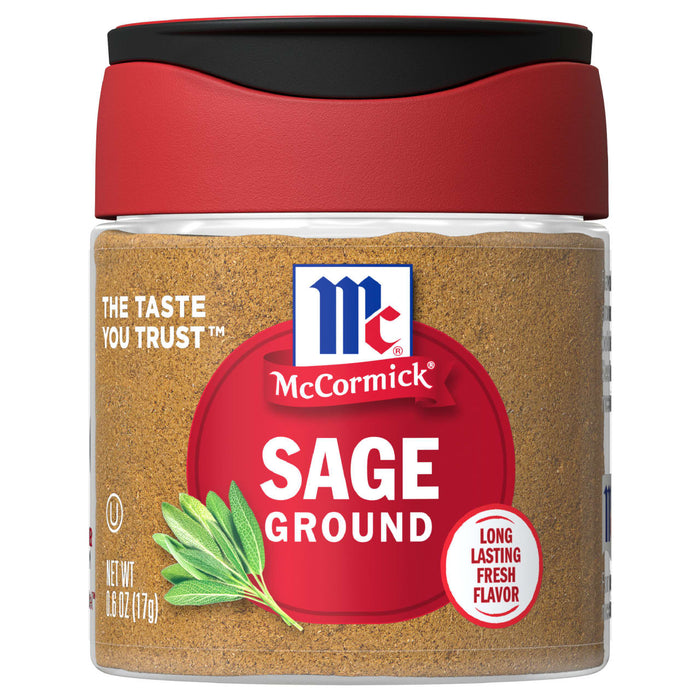 A jar of McCormick Sage Ground spice.