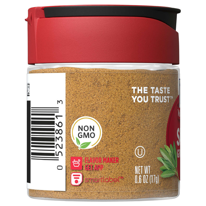 A glass jar of McCormick Grill Mates Savory Herb Seasoning with a red lid.