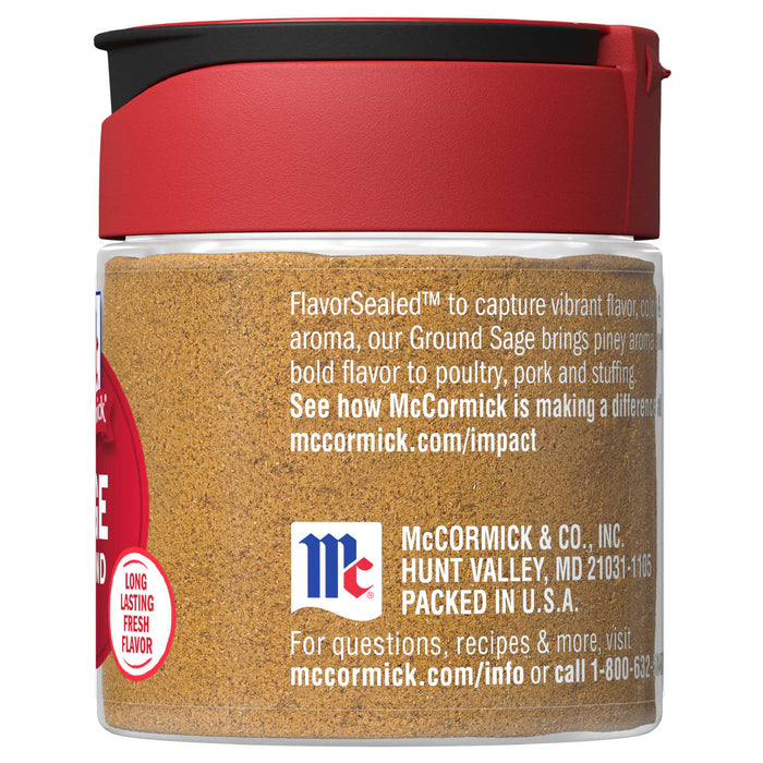A McCormick Ground Sage spice jar with a red lid and a label that says FlavorSealed to capture vibrant flavor.