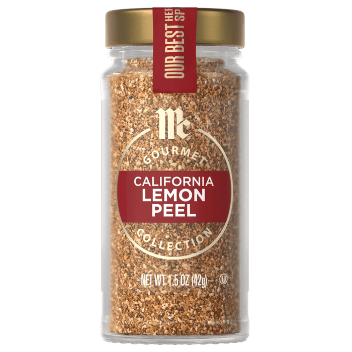 A jar of McCormick California Lemon Peel seasoning.