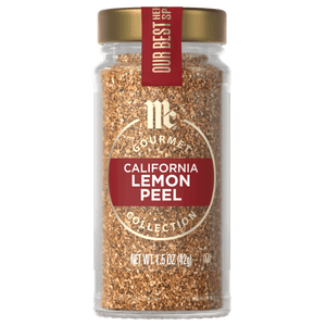 A jar of McCormick California Lemon Peel seasoning.