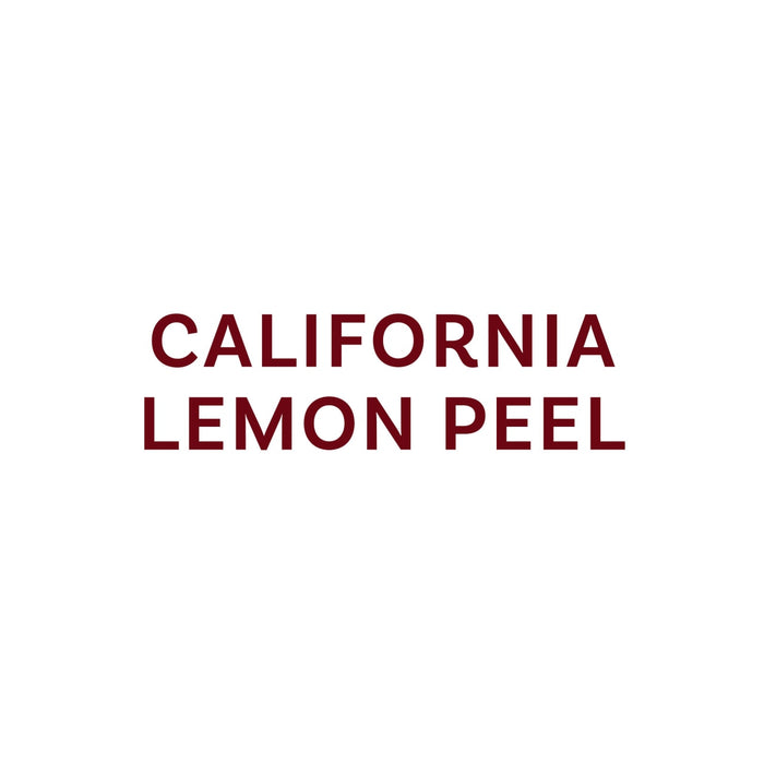 The image displays the text California Lemon Peel in a dark red font.