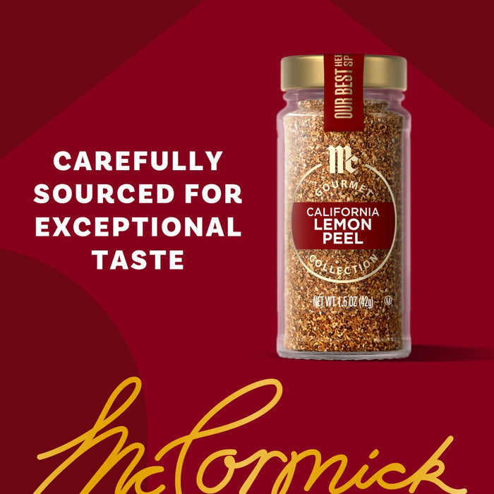 A jar of McCormick California Lemon Peel is displayed with the text Carefully sourced for exceptional taste.