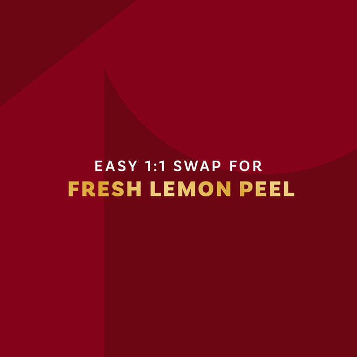 The image promotes an easy 1:1 swap for fresh lemon peel.