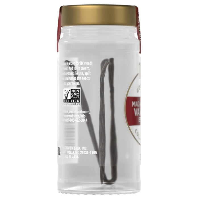 A jar of Nielsen-Massey Madagascar Bourbon Vanilla Beans is displayed, showcasing the product's quality and natural ingredients.