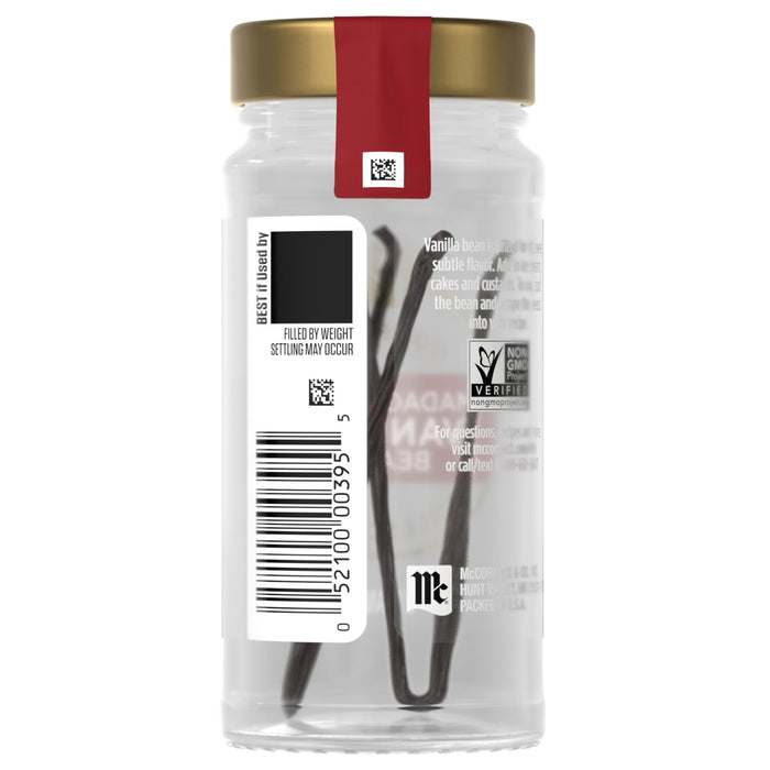 A jar of McCormick vanilla beans is shown, highlighting the product's natural ingredient.