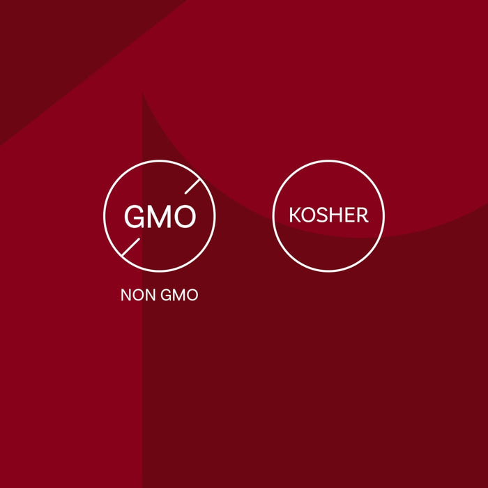 The image displays the non-GMO and Kosher certifications.