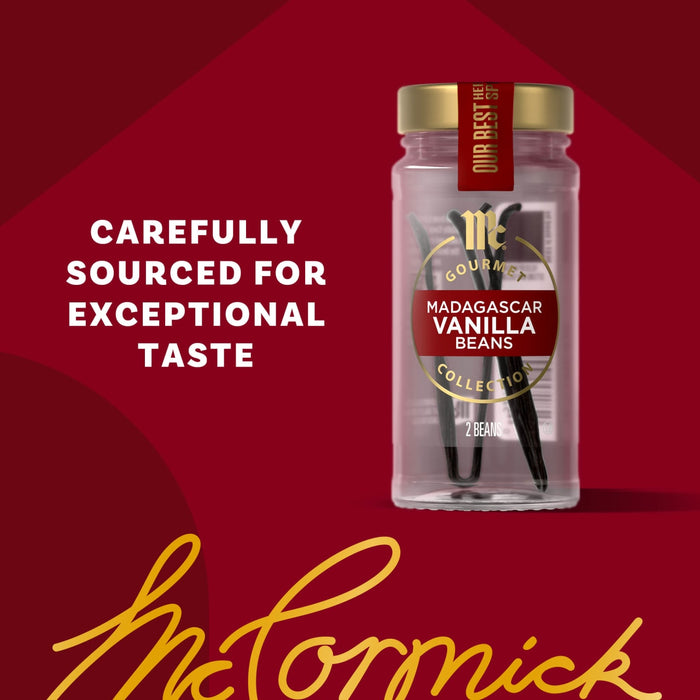 A jar of McCormick Madagascar Vanilla Beans is displayed with the text Carefully sourced for exceptional taste.